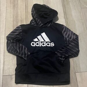 Adidas Black Hoodie with Gray Patterned Sleeves and Hood - Kids M (10-12)